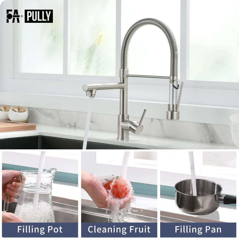 Fapully Pull Down Kitchen Faucet with Lock Sprayer,Single Handle Spring Stainless Steel Kitchen Sink Faucet Brushed Nickel - Image 4